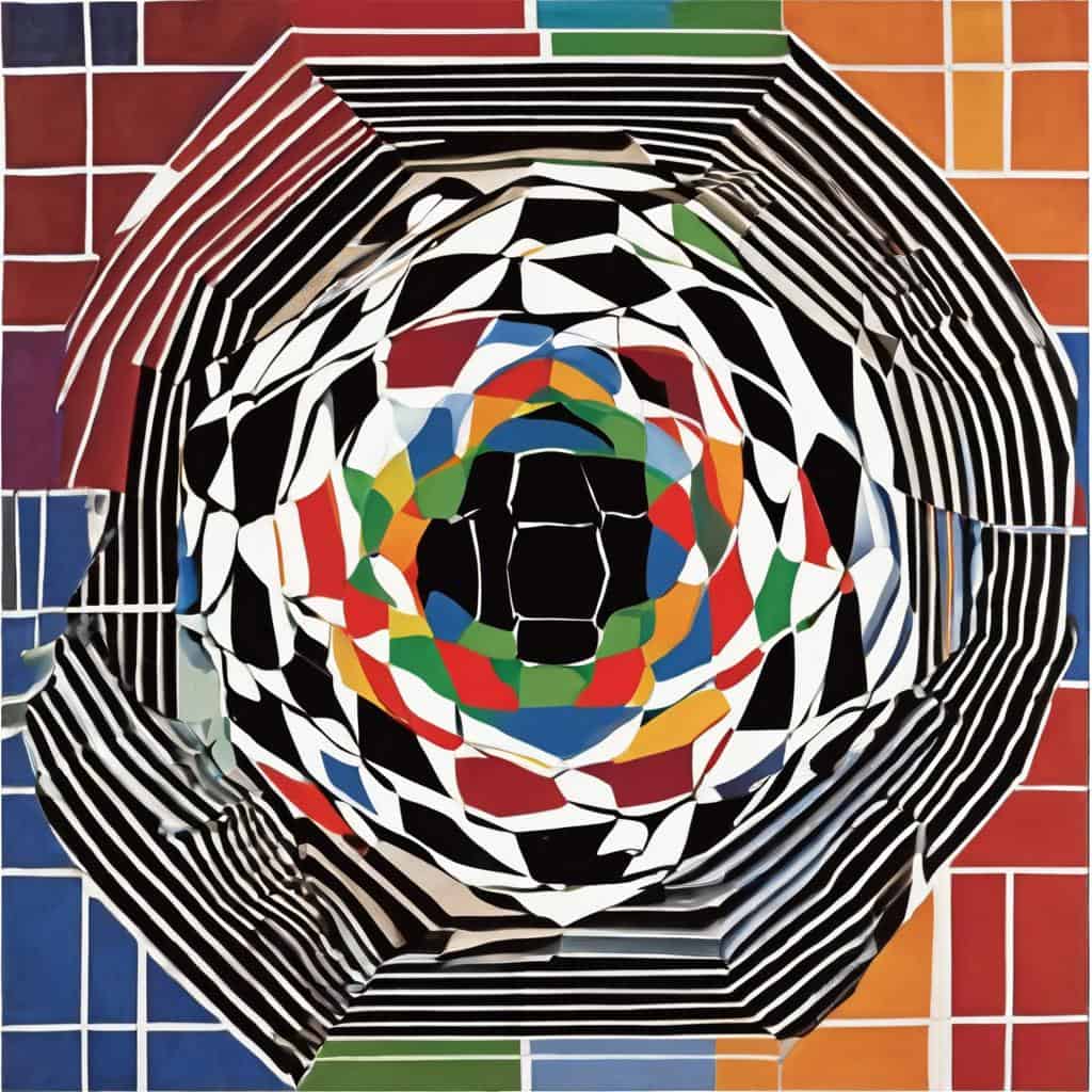 Ζωγραφιά αφίσα σύγχρονης τέχνης με πολύχρωμα γεωμετρικά σχήματα και μαύρες γραμμές, εμπνευσμένη από διάσημες μορφές της ιστορίας της τέχνης.