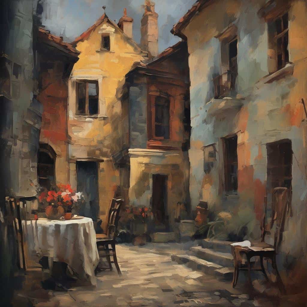 Ξεχασμένη γωνία μιας ιστορικής πόλης με παλιά κτίρια και αυλή με τραπέζι και λουλούδια, αναδεικνύοντας την τέχνη της ζωγραφικής και το κάλλος της ιστορικής τέχνης.