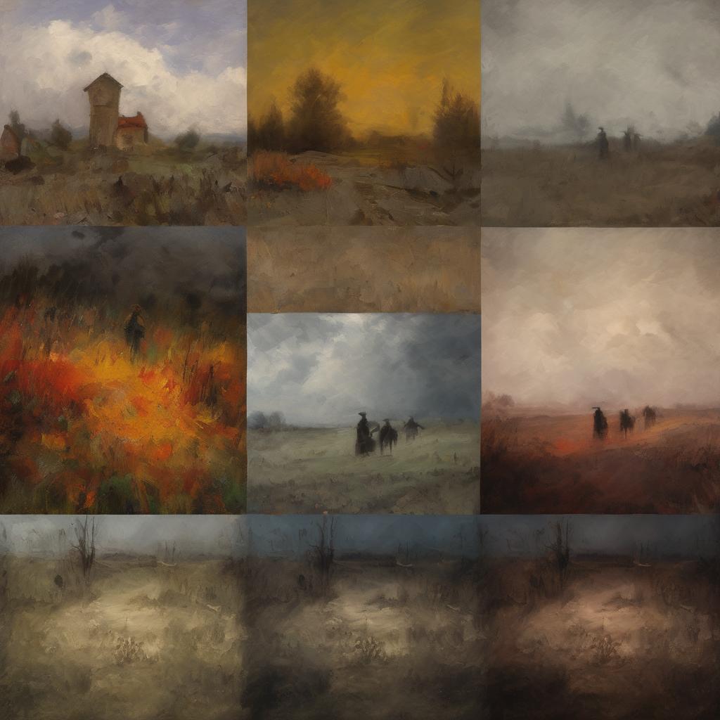 Παραδοσιακές εικόνες της ιστορίας της τέχνης, ελαιογραφίες από διάσημους καλλιτέχνες της ρομαντικής και σχολαστικής περιόδου, αναπαριστώντας τοπία και σκηνές με ιδιαίτερη τεχνική και ατμόσφαιρα.