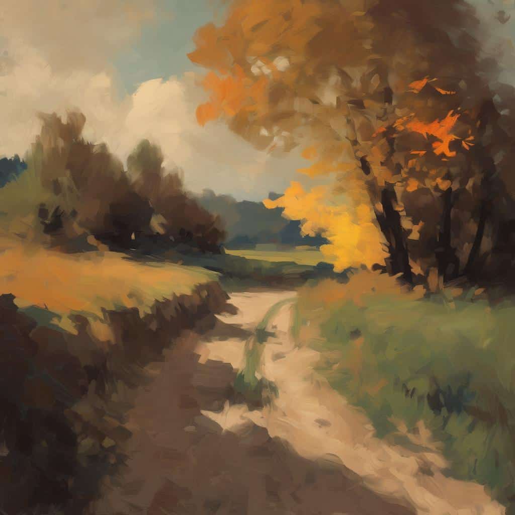 Χαρακτηριστική ζωγραφιά με βουνά και δέντρα σε φθινοπωρινά χρώματα, αποπνέοντας την ομορφιά της φύσης και την τέχνη της τοπιογραφίας.