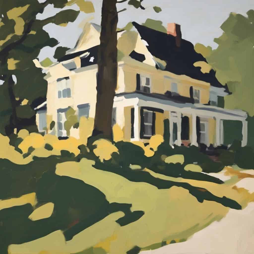 Παλιό αρχοντικό σπίτι με κήπο και δέντρα, ζωγραφισμένο σε φωτεινά χρώματα με αφαιρετικό στυλ, εμπνευσμένο από την τέχνη της ιστορίας.