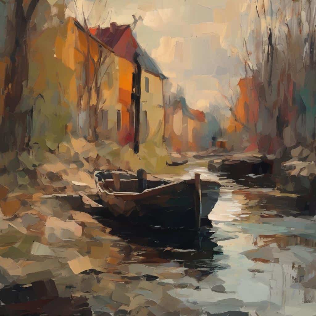 Παραδοσιακοί να-indent και διάσημες μορφές της τέχνης, σε ρεαλιστικό στυλ, με εικόνα από όμορφο κανάλι και παλιά κτίρια, ζωγραφικά στοιχεία, ιστορική και καλλιτεχνική αξία, κατάλληλο για την ιστορία της τέχνης.