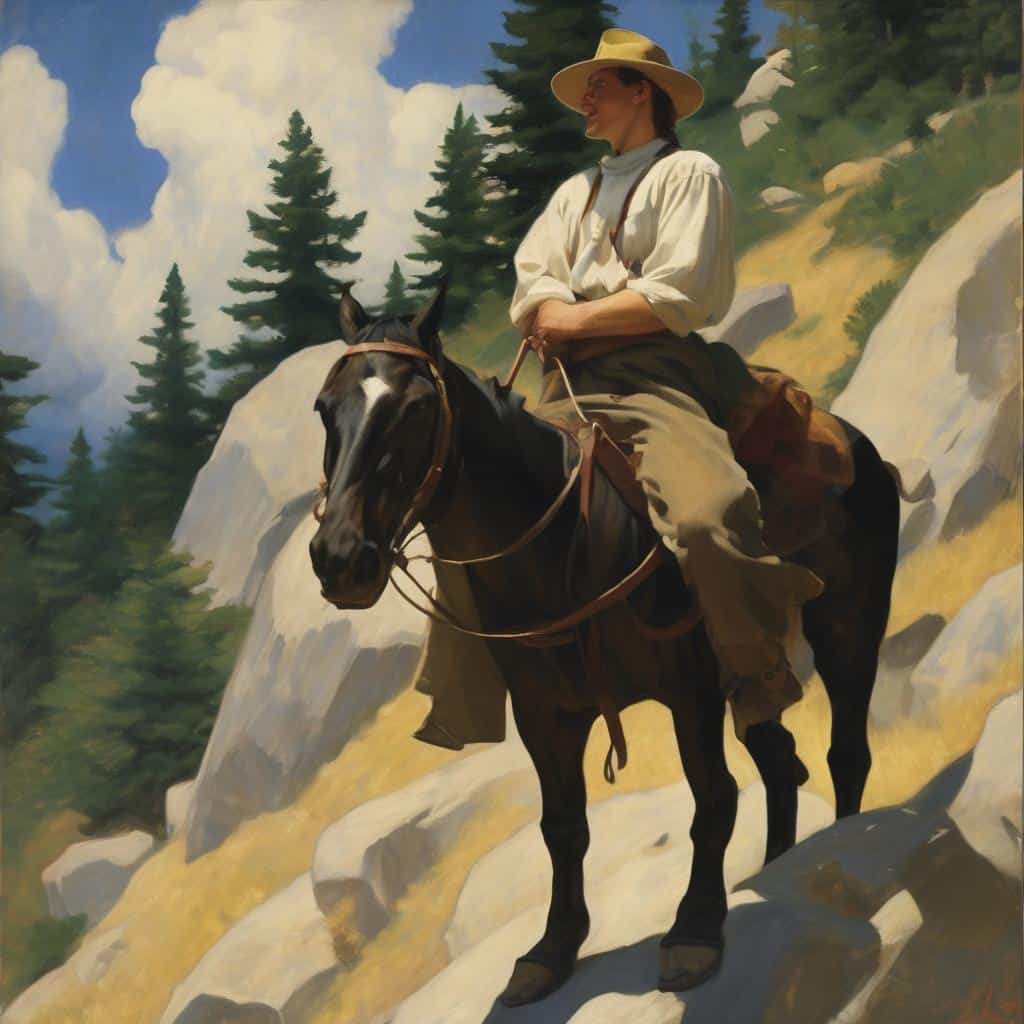 Φωτογραφία διάσημης μορφής της ιστορίας της τέχνης, γυναίκα σε άσπρο πουκάμισο και καπέλο, καθήμενη σε άλογο στη φύση με καταπράσινα δέντρα και βουνά, ενισχύοντας την καλλιτεχνική κληρονομιά.