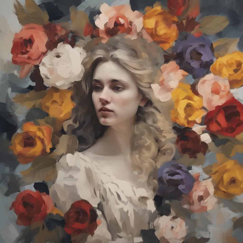 Γραμμένο σε εικόνα πορτρέτο νεαρής γυναίκας με ρεαλιστικό στυλ και φόντο από πολύχρωμα τριαντάφυλλα, εμπνευσμένο από διάσημες μορφές της ιστορίας της τέχνης με έμφαση στη λεπτομέρεια και την αισθητική.