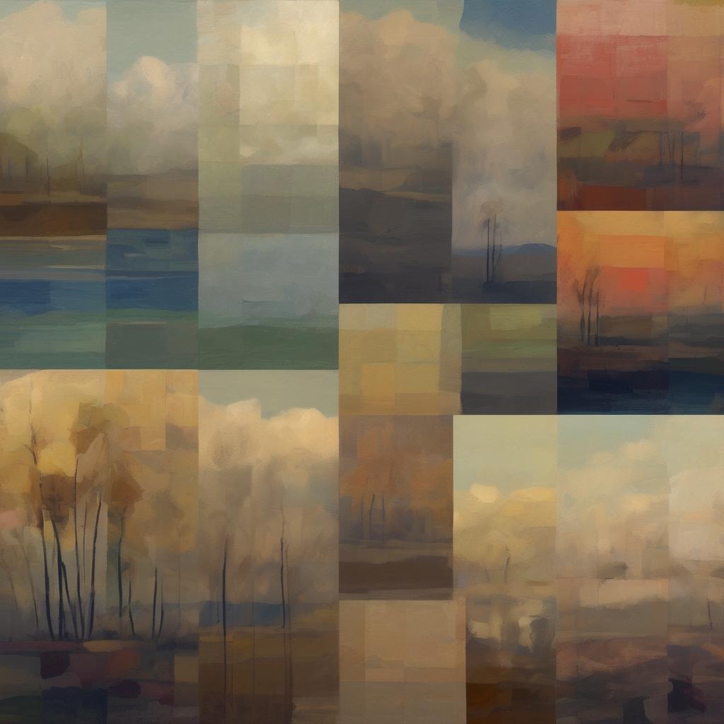 Ουρανοί και τοπία σε αφηρημένο, εξπρεσιονιστικό στυλ με παστέλ και ζεστούς τόνους, εμπνευσμένα από διασημες μορφές της ιστορίας της τέχνης και τοπιογραφίες, δημιουργώντας μια αίσθηση ηρεμίας και νοσταλγίας.